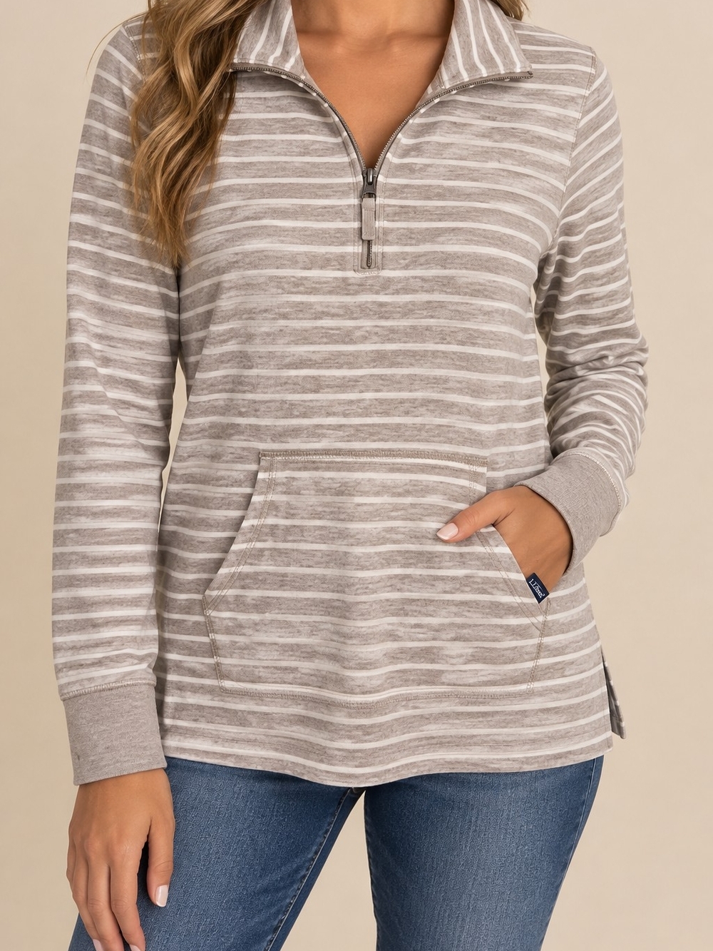 L.L.Bean Women’s M Striped 1/4 Zip Pullover Hoodie Tunic Tan Cream
